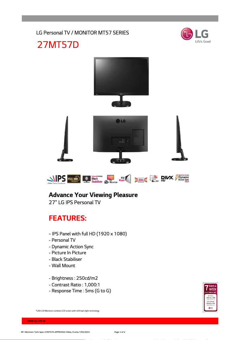Page 1 de la notice Fiche technique LG 27MT57D
