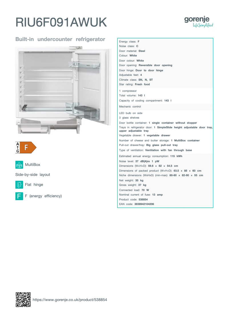 Página 1 del manual Ficha técnica Gorenje RIU6F091AWUK