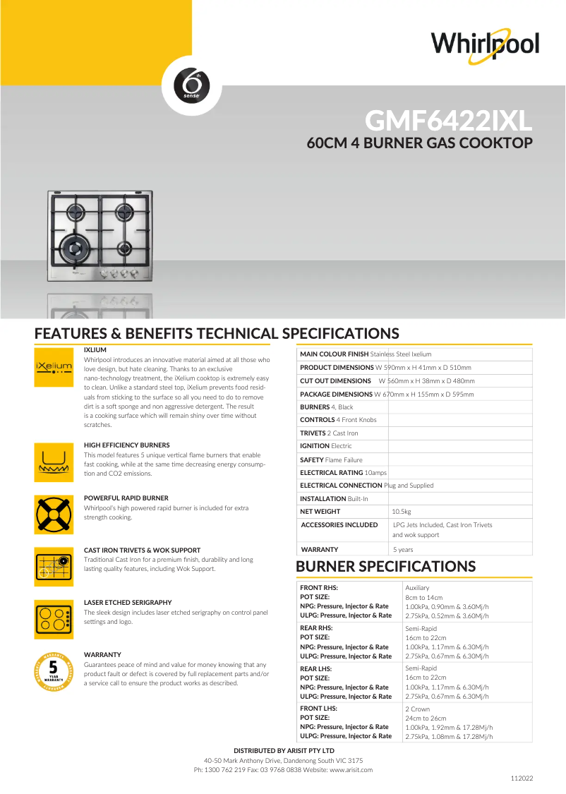 Page 1 de la notice Fiche technique Whirlpool GMF 6422/IXL