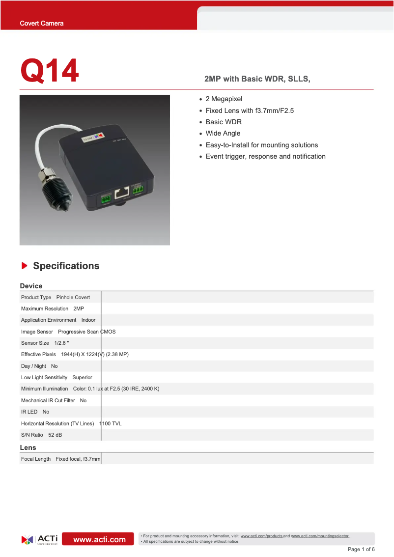 Page 1 de la notice Fiche technique ACTi Q14