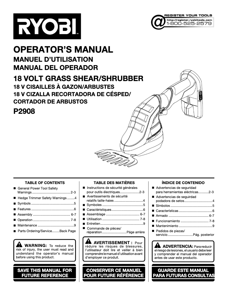 Page 1 de la notice Manuel utilisateur RYOBI P2908