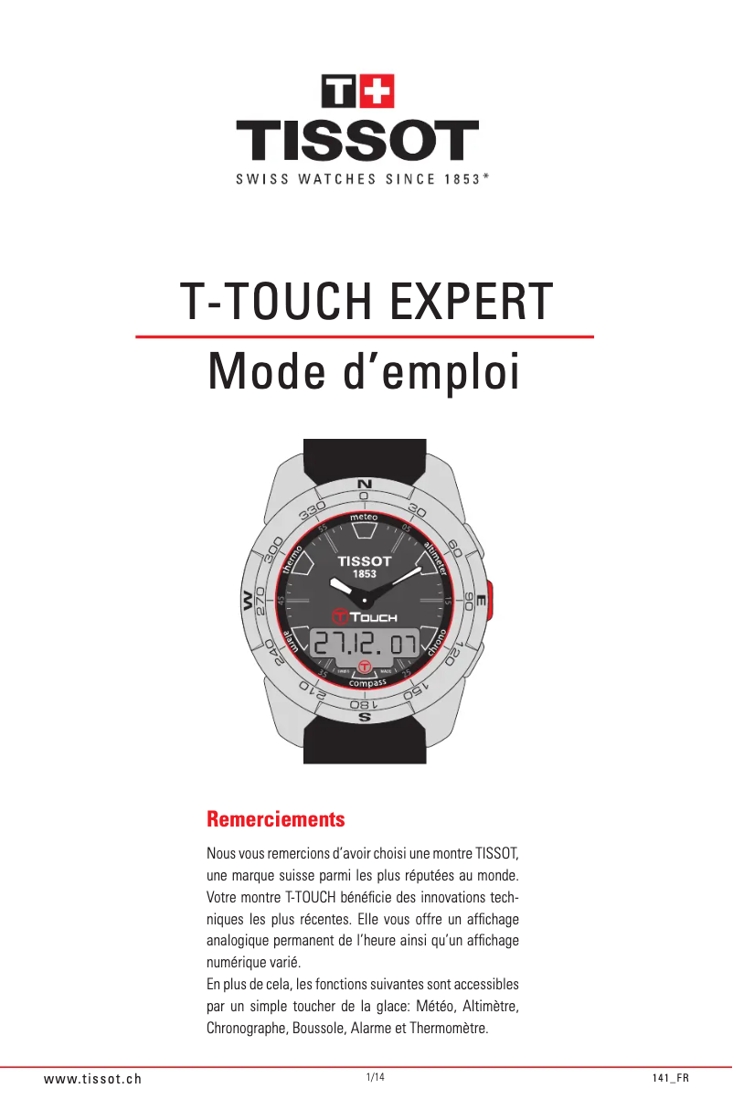 Page 1 de la notice Manuel utilisateur Tissot T-TOUCH Expert Dragon 2012