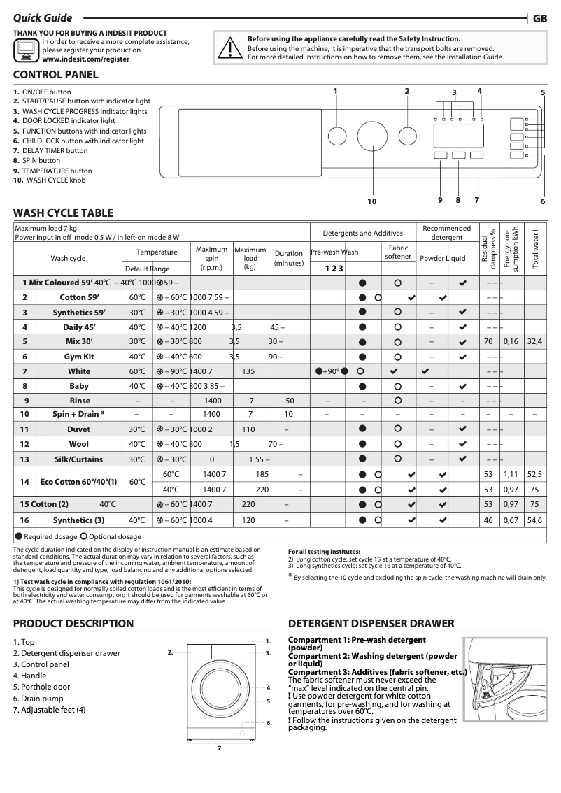 Page 1 de la notice Manuel d'utilisation et d'entretien Indesit BI WMML 71452 UK