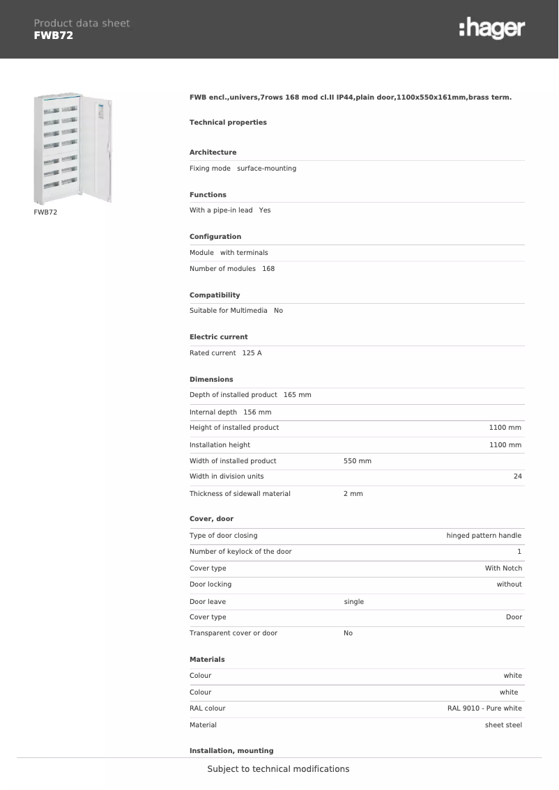 Page 1 de la notice Fiche technique Hager FWB72