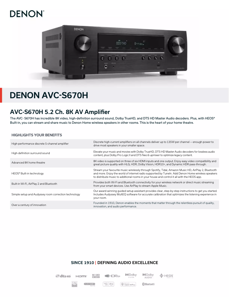 Page 1 de la notice Fiche technique Denon AVC-S670H