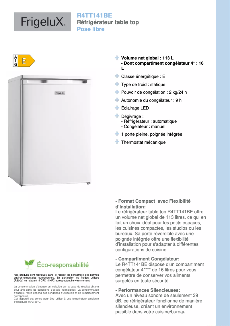 Página 1 del manual Ficha técnica FrigeluX R4TT141BE