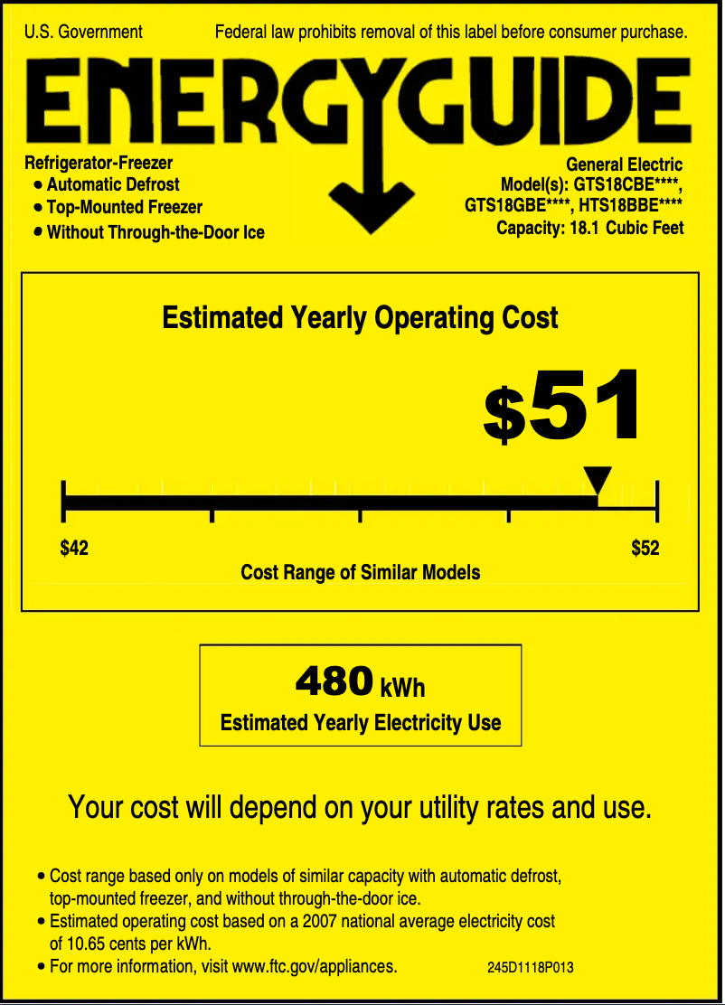 Página 1 del manual Etiqueta energética GE GTS18CBEWW