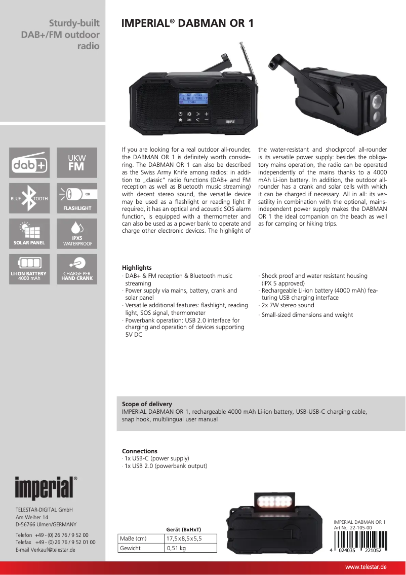 Page 1 de la notice Fiche technique Imperial DABMAN OR 1