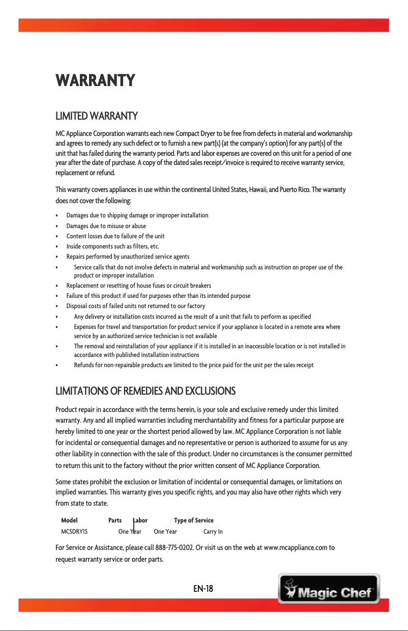 Page 1 de la notice Informations de garantie Magic Chef MCSDRY1S
