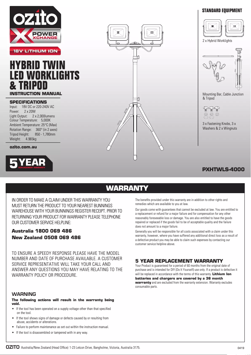 Page 1 de la notice Manuel utilisateur Ozito PXHTWLS-4000