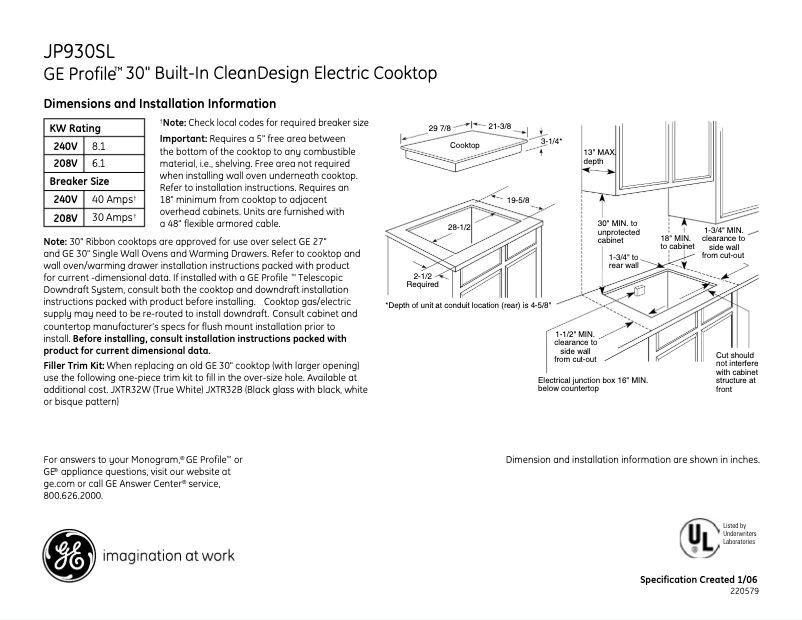 Page n°1 - Fiche technique GE Profile JP930SLSS