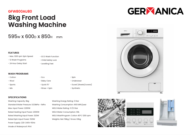 Page 1 de la notice Fiche technique Germanica GFW800AU80