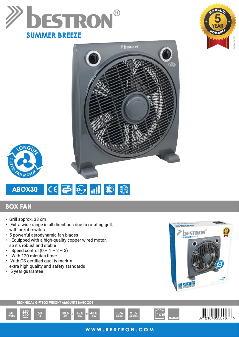 Page 1 de la notice Fiche technique Bestron ABOX30