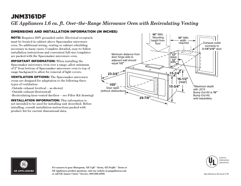 Page 1 of the manual Technical Sheet GE JNM3161DFBB