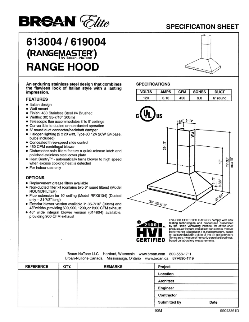 Página 1 del manual Ficha técnica Broan 613004