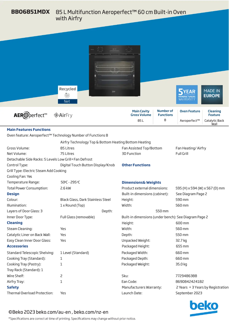Page 1 de la notice Fiche technique Beko BBO6851MDX