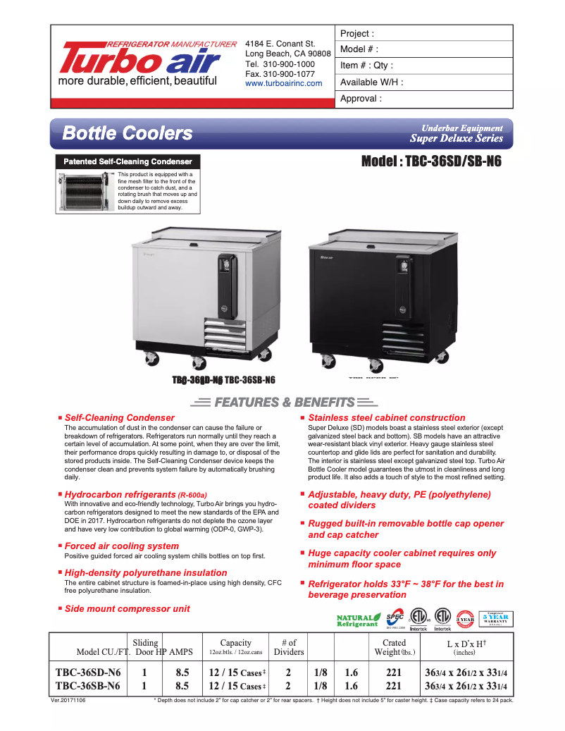 Página 1 del manual Ficha técnica Turbo air TBC-36SB