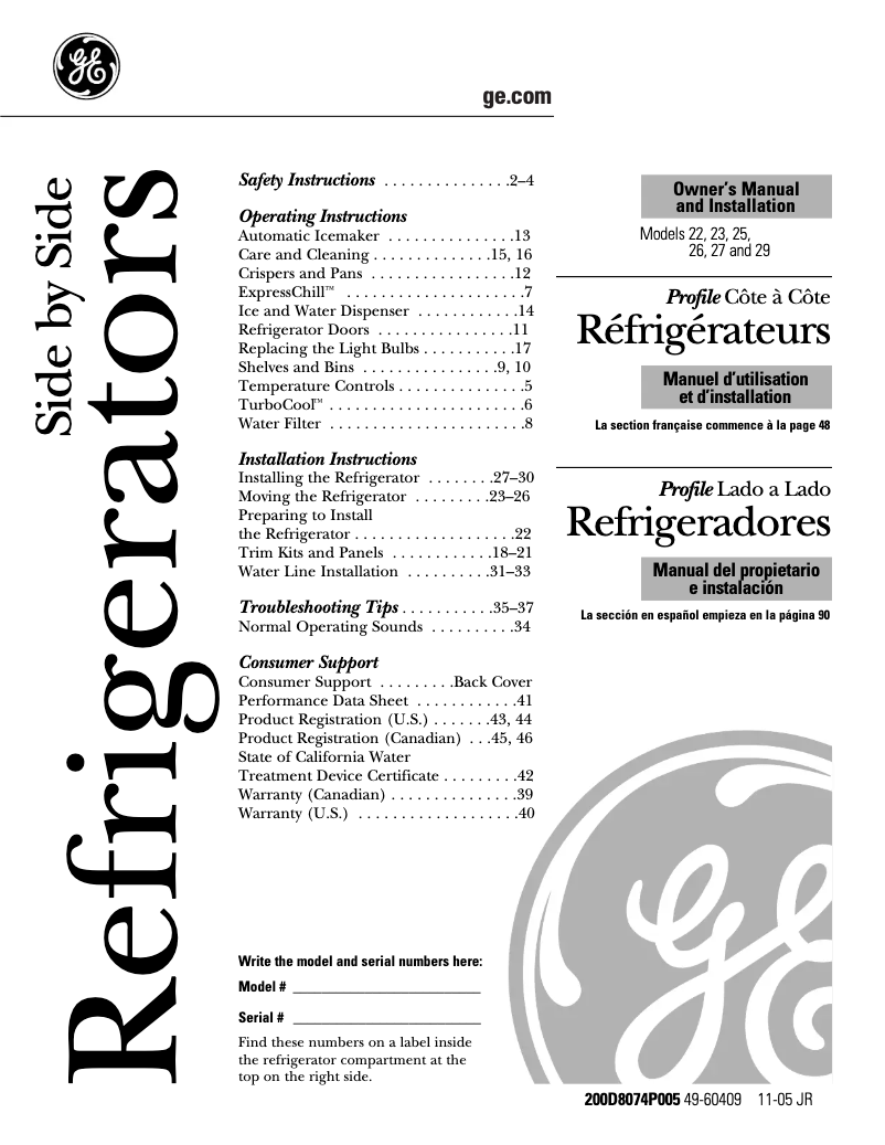 Page n°1 - Manuel d'utilisation et d'entretien GE DSS25MSSSS