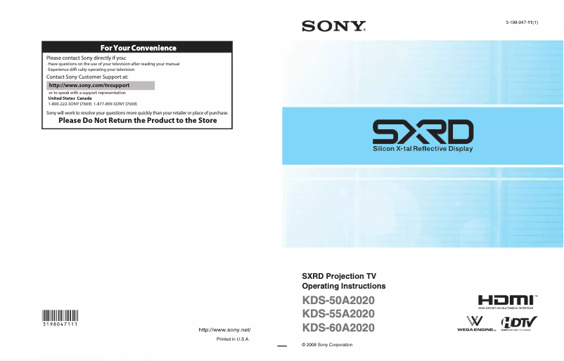 Page 1 de la notice Manuel utilisateur Sony Grand Wega KDS-50A2020