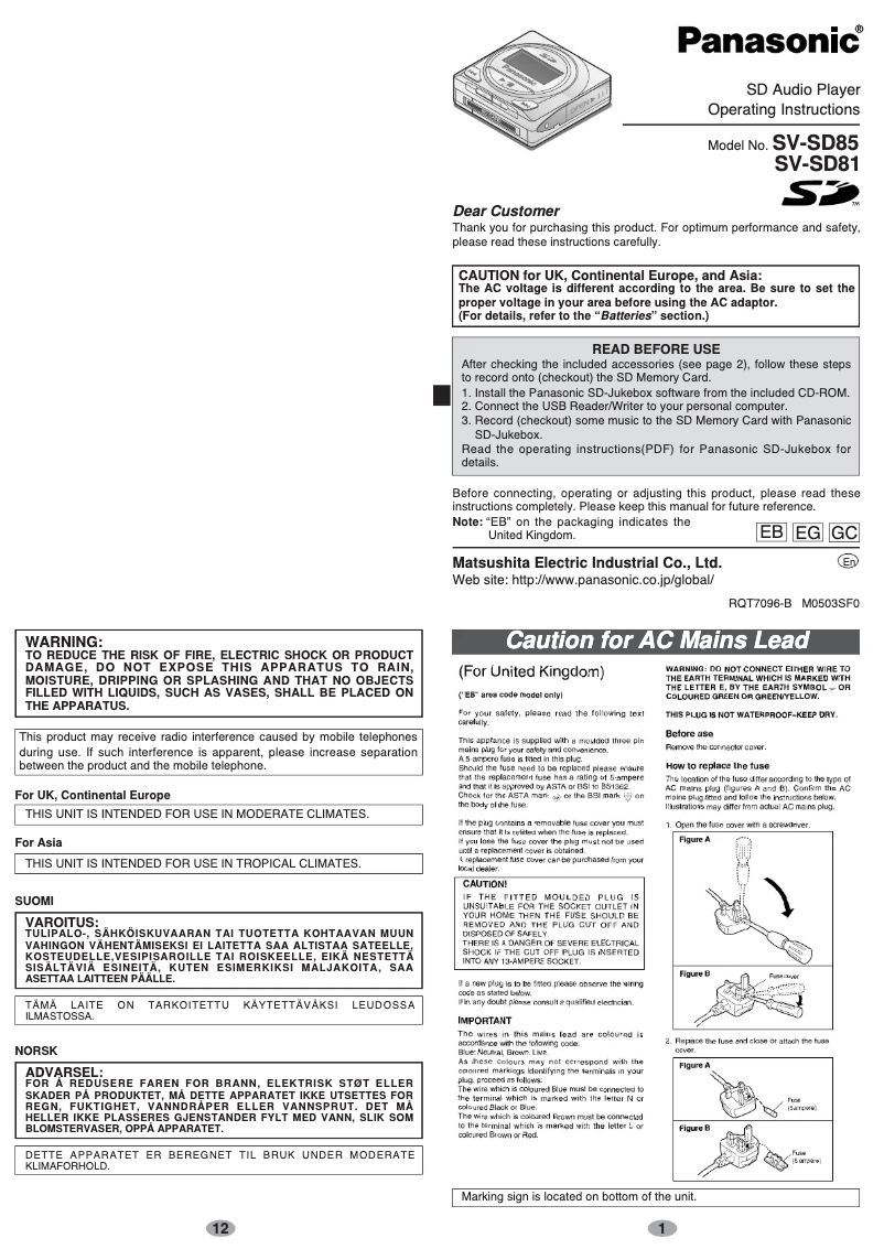 Page 1 de la notice Manuel utilisateur Panasonic SV-SD81EG