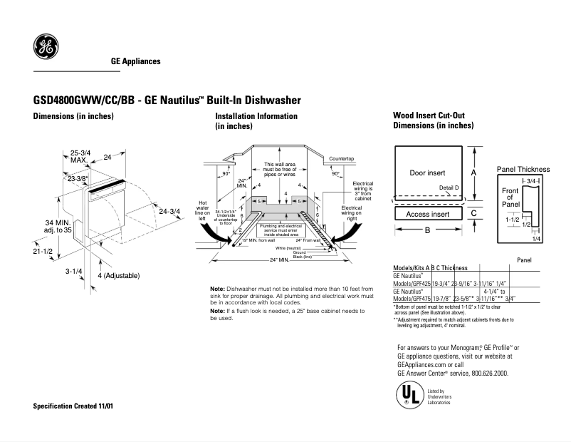 Página 1 del manual Ficha técnica GE GSD4800GWW
