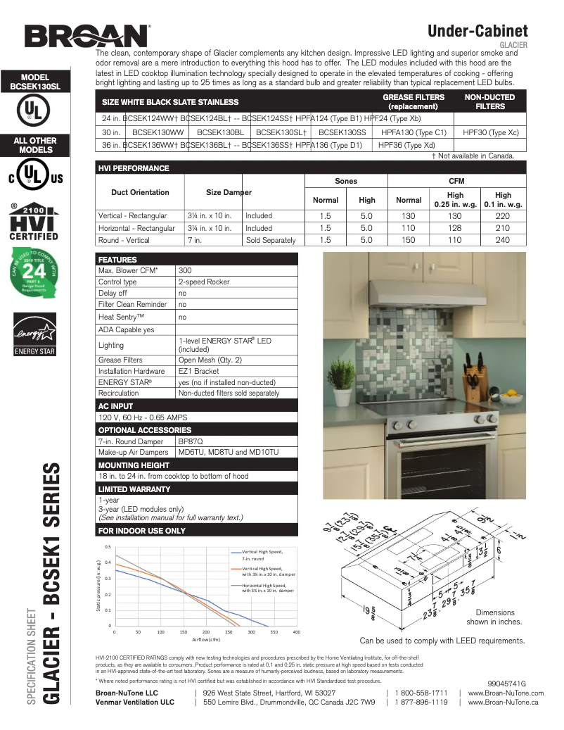 Página 1 del manual Ficha técnica Broan BCSEK124SS