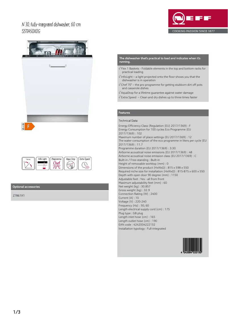 Page 1 de la notice Fiche technique Neff S511A50X0G