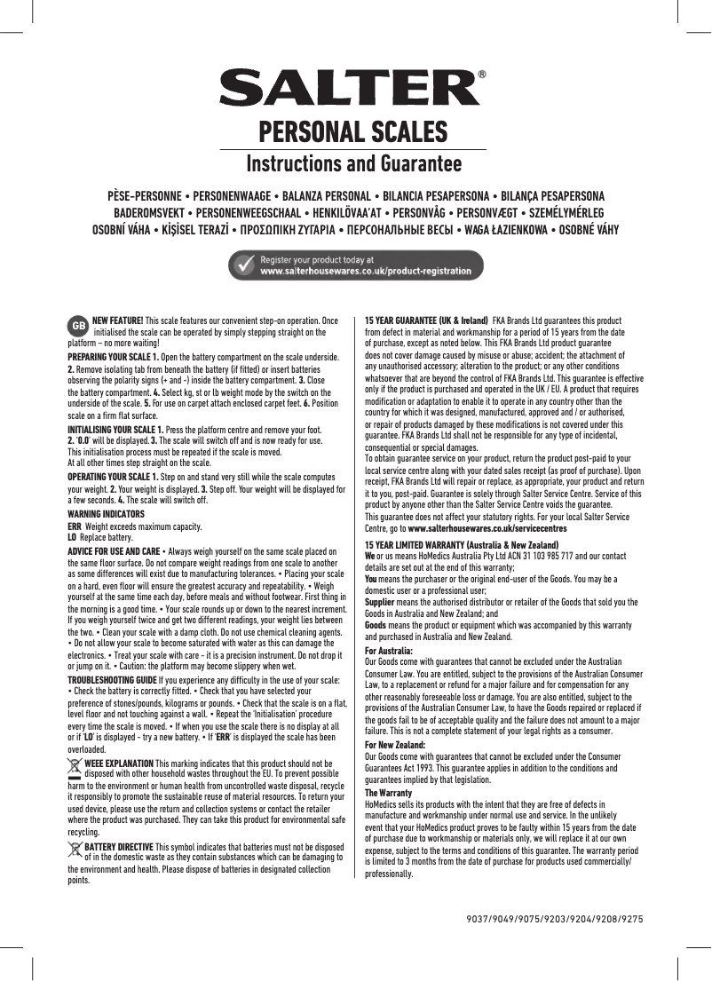 Page 1 de la notice Manuel utilisateur Salter 9202 BK3R