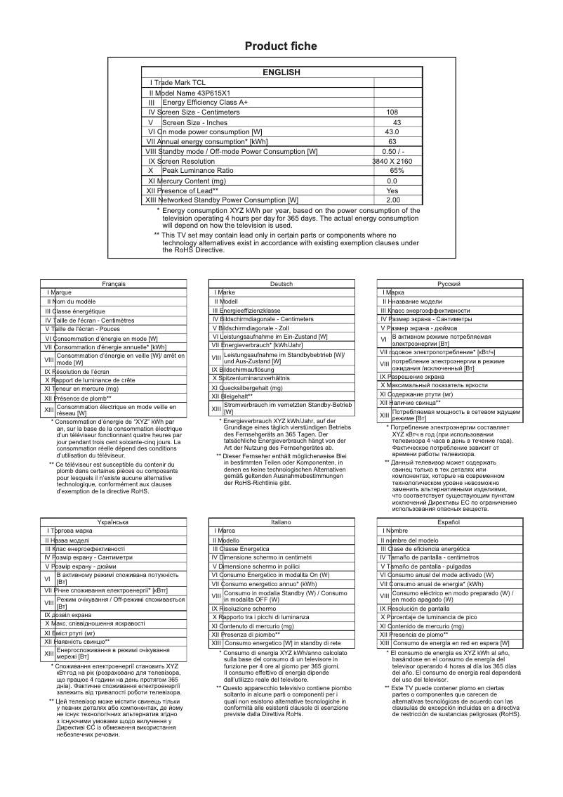 Page 1 of the manual Technical Sheet TCL 43P615
