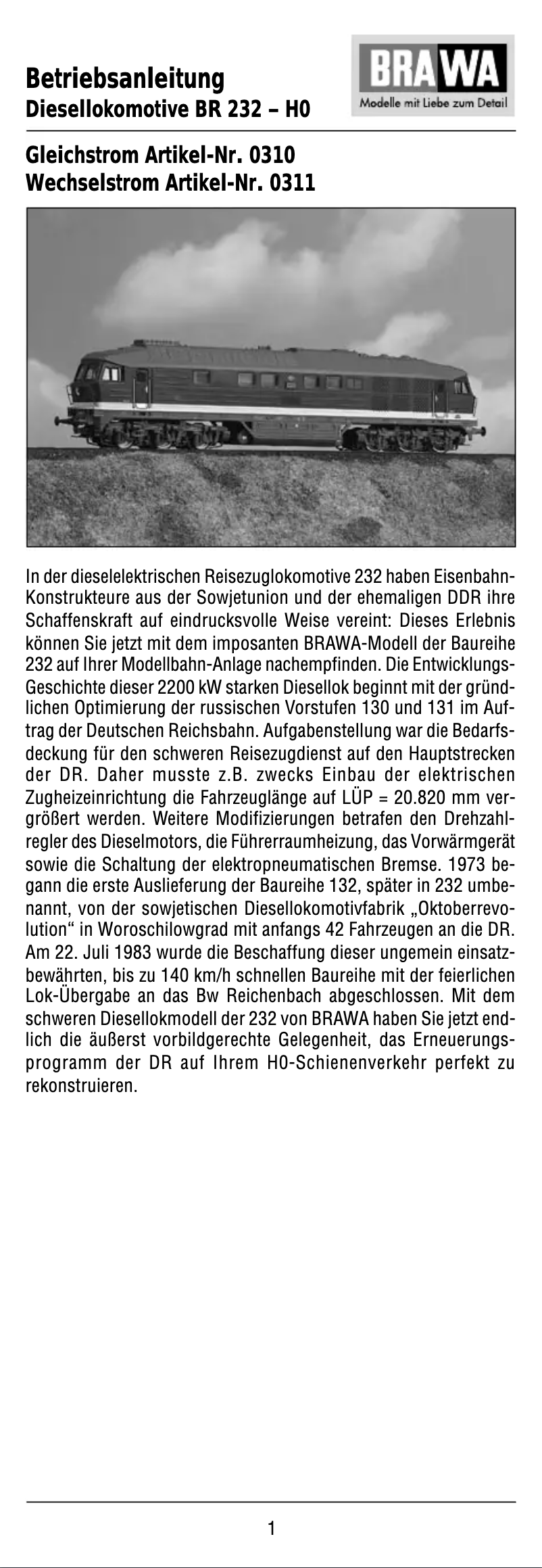 Página 1 del manual Manual de usuario Brawa 0310 BR 232 (HO)