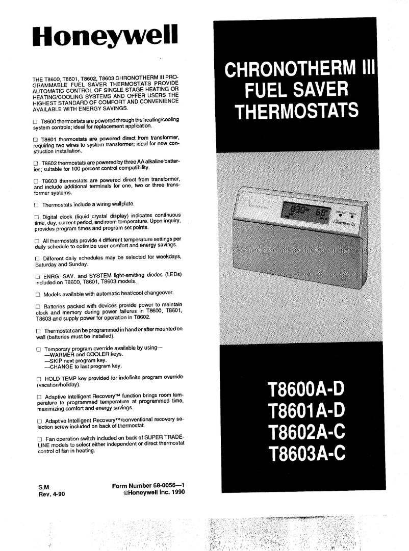 Page 1 de la notice Manuel utilisateur Honeywell Chronothem III T8603A