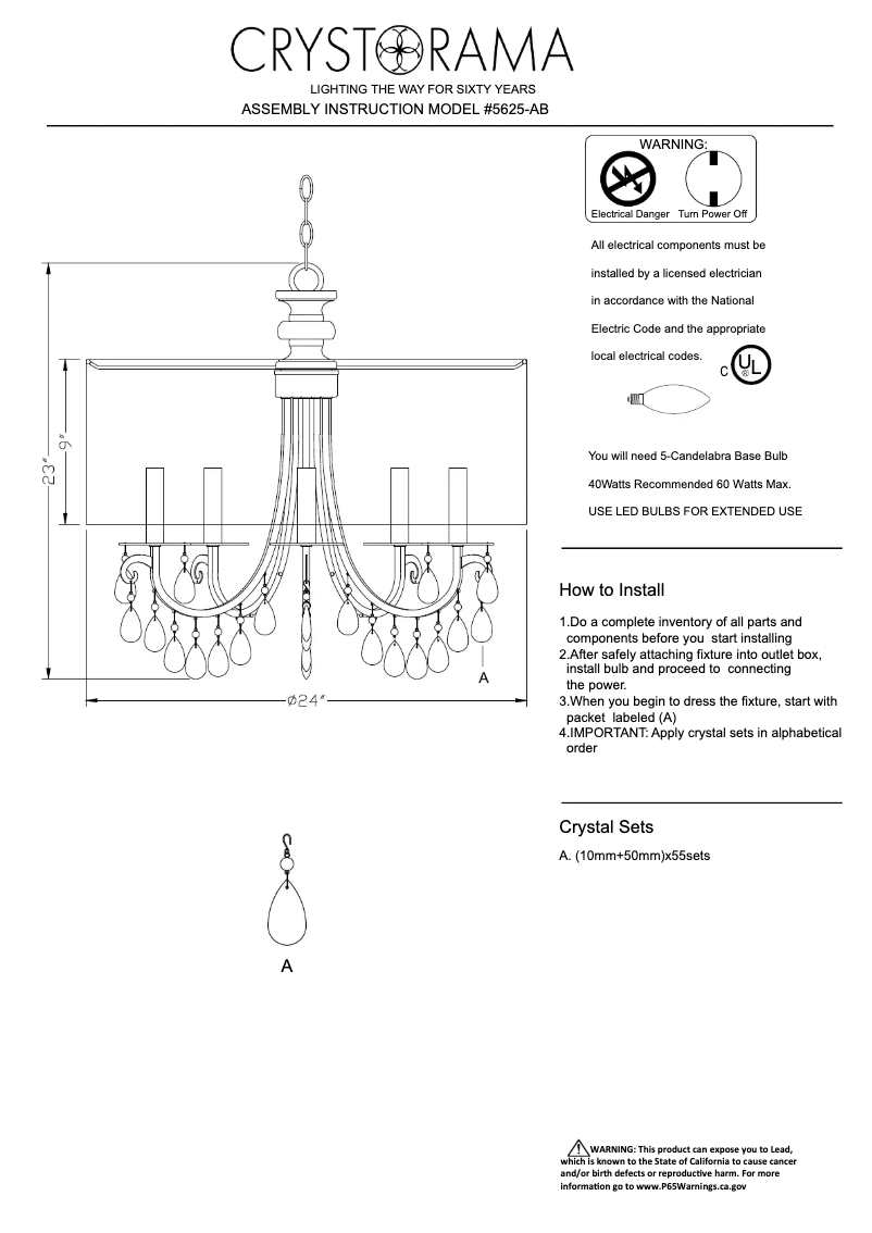 Page 1 de la notice Manuel utilisateur Crystorama Hampton 5625-AB