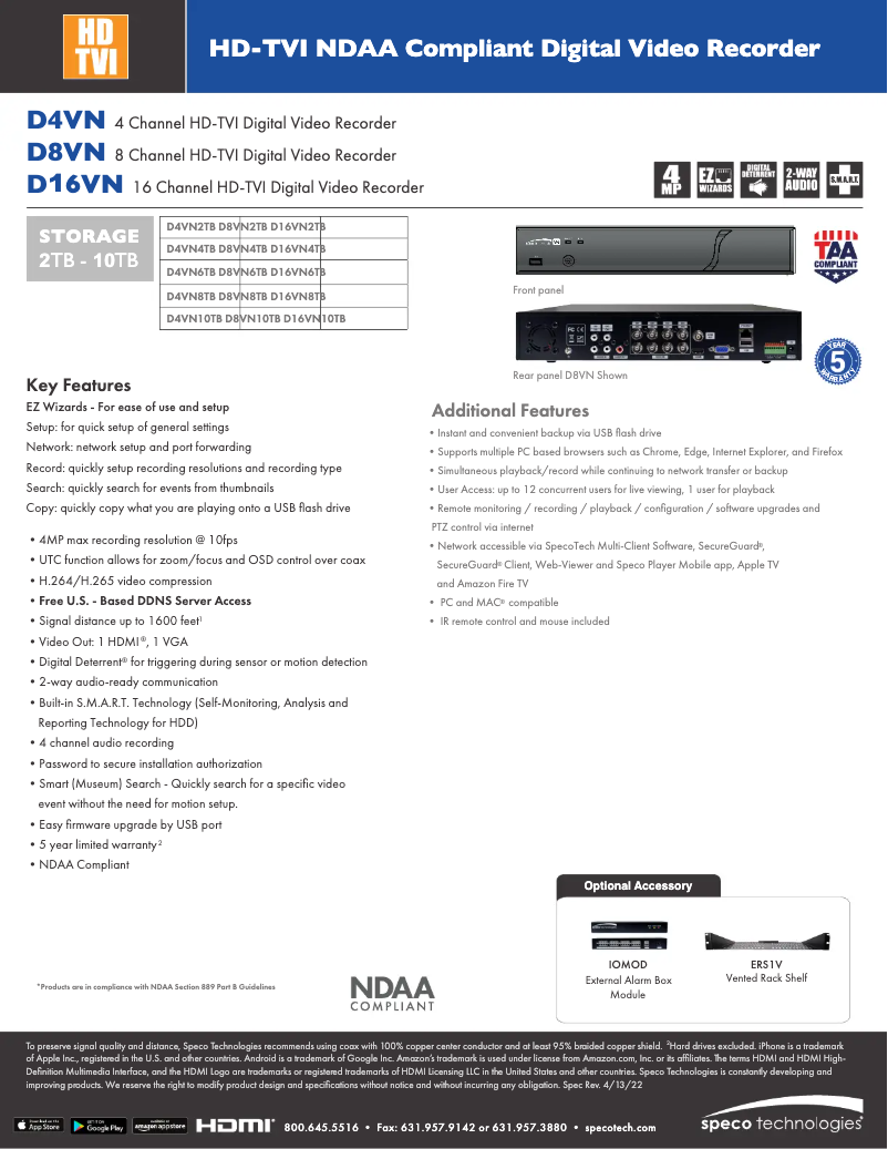 Page 1 de la notice Fiche technique Speco Technologies D4VN