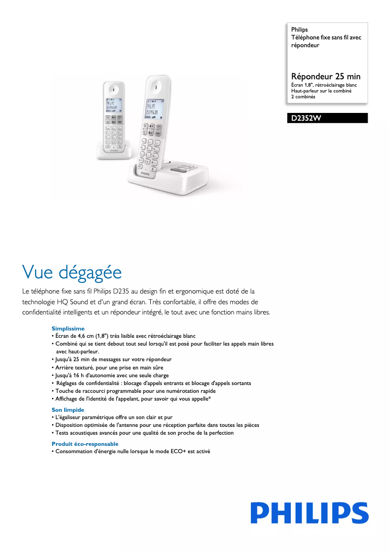 Page 1 of the manual Technical Sheet Philips D2352W