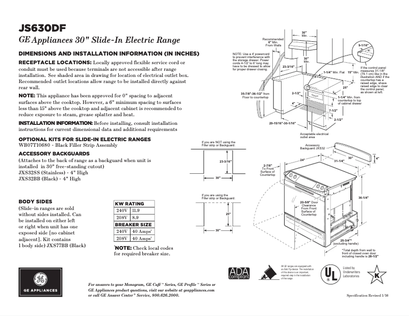 Página 1 del manual Ficha técnica GE JS630DFWW