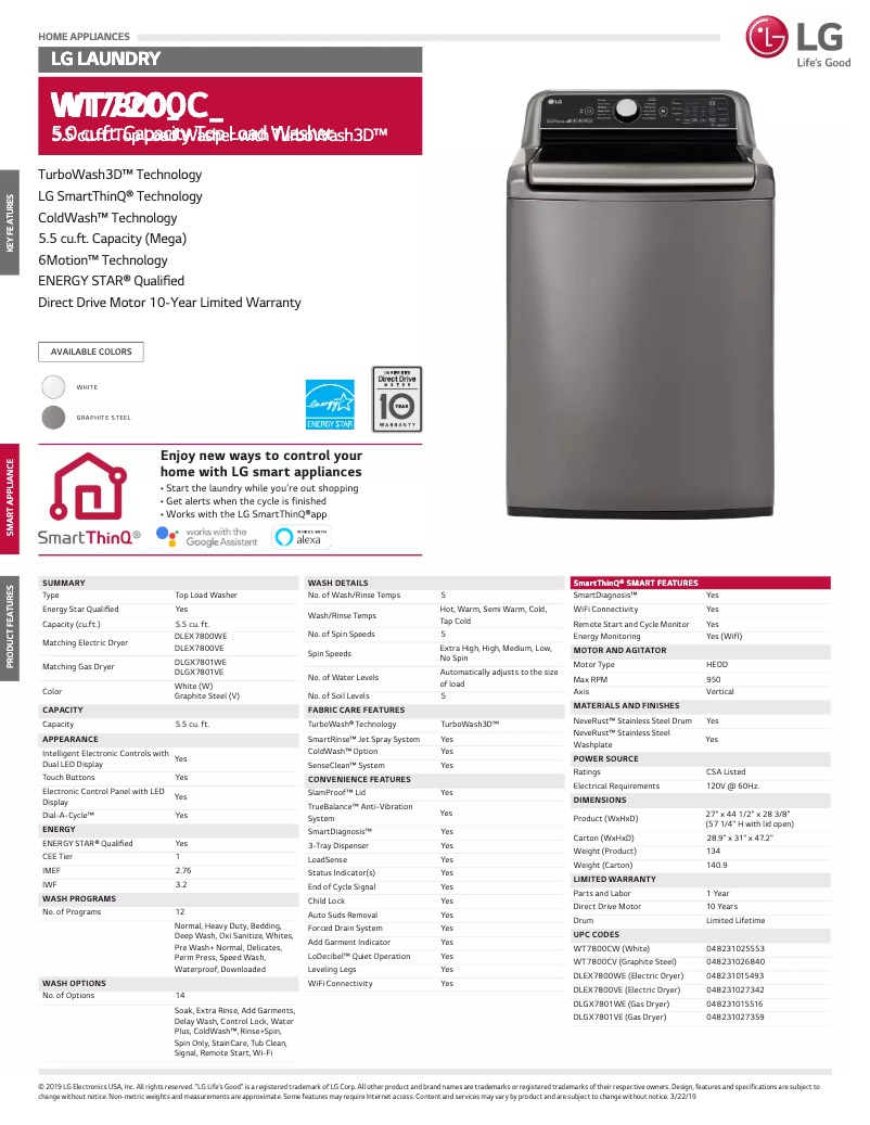 Page 1 of the manual Technical Sheet LG WT7800CV