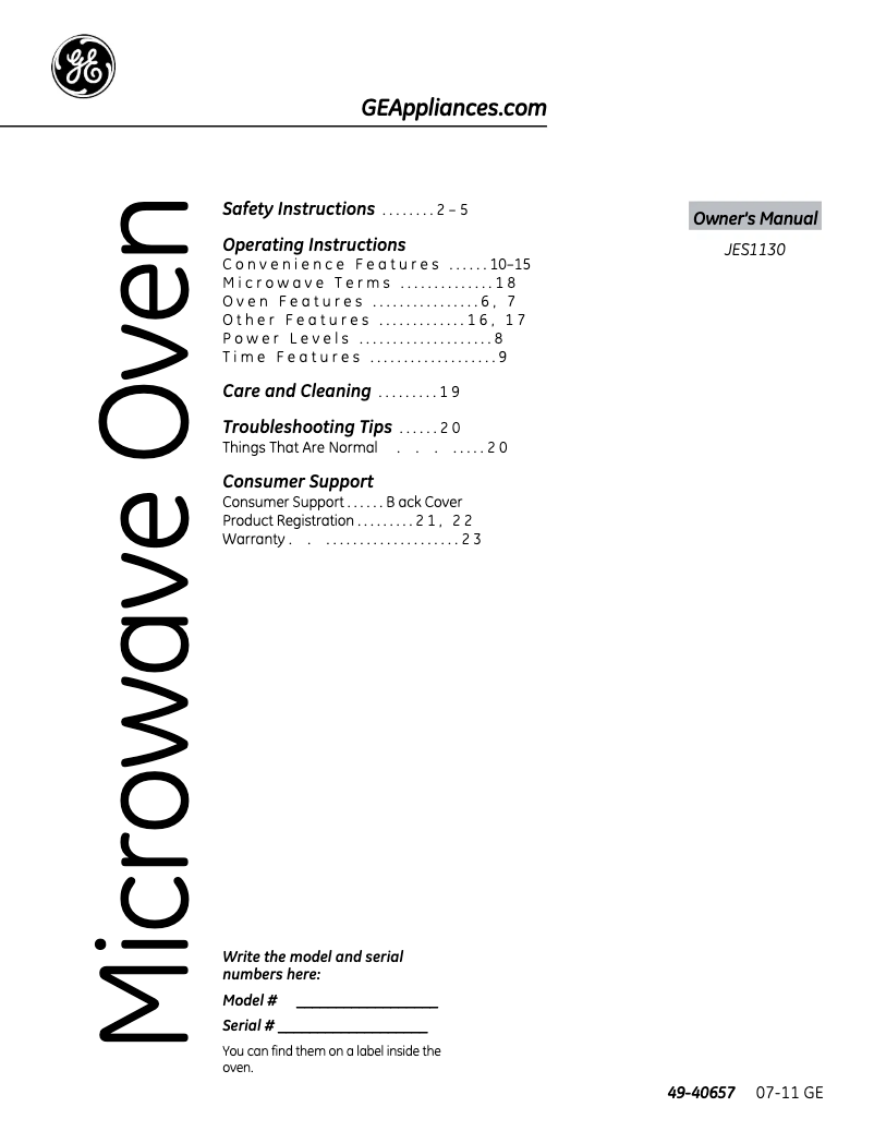 Page n°1 - Manuel utilisateur GE JES1130