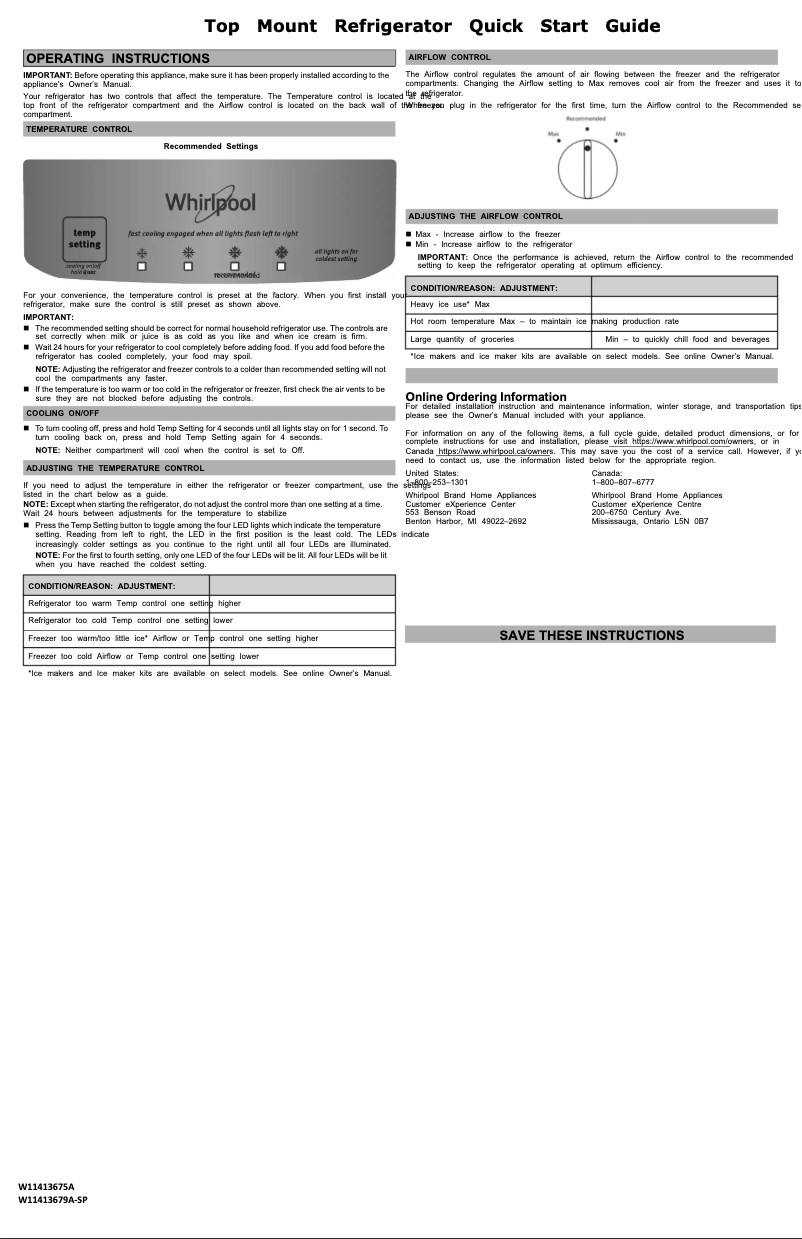 Page 1 de la notice Guide de démarrage rapide Whirlpool WRT311FZDT