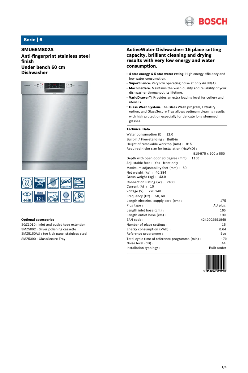 Page 1 de la notice Fiche technique Bosch SMU66MS02A