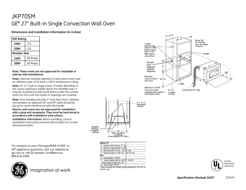 Page n°1 - Fiche technique GE JKP70SMSS