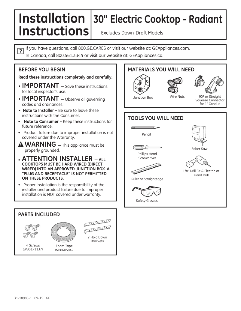 Página 1 del manual Guía de instalación GE Profile PP7030SJSS
