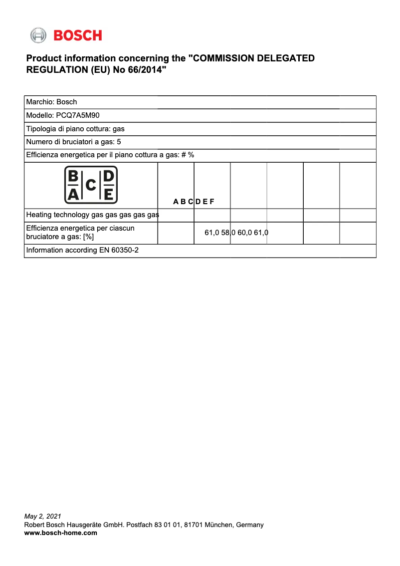 Page 1 of the manual Technical Sheet Bosch PCQ7A5M90