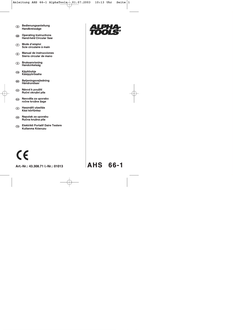 Page 1 de la notice Manuel utilisateur Alpha Tools AHS 66/1