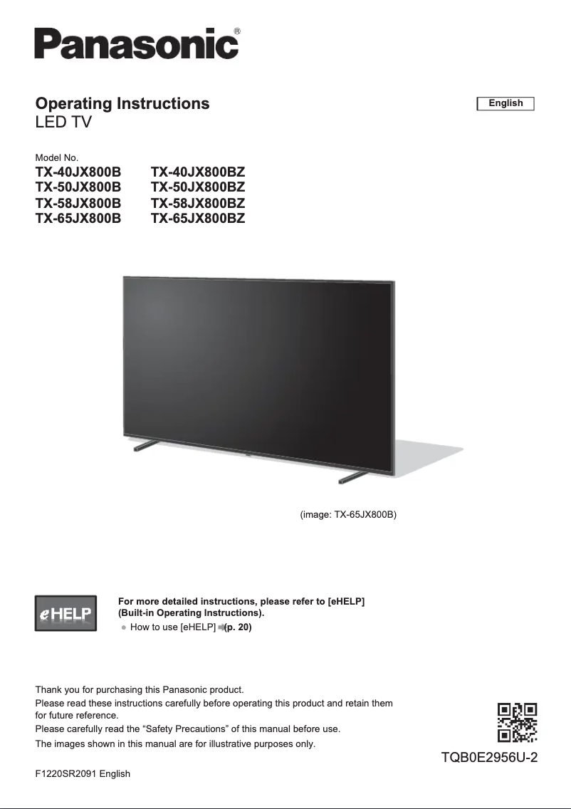 Page 1 of the manual Quick Start Guide Panasonic TX-40JX800B