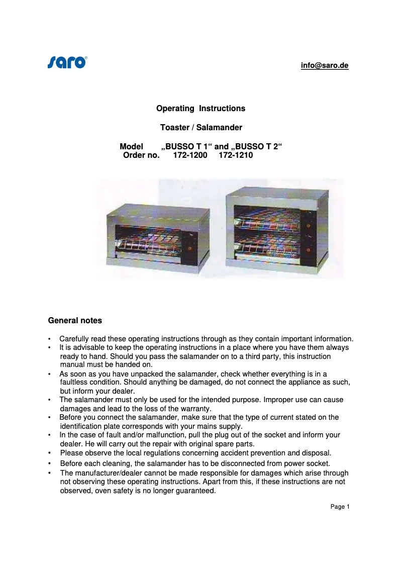 Page 1 de la notice Manuel utilisateur Saro BUSSO T2