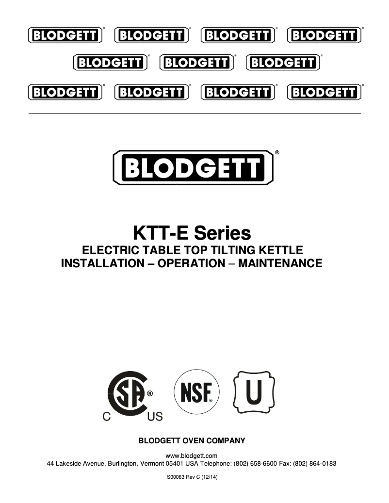 Page 1 de la notice Manuel utilisateur Blodgett KTT-6E