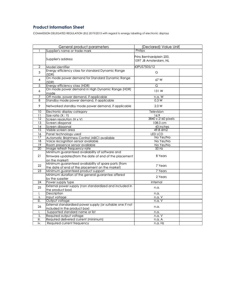Page n°1 - Fiche technique Philips 43PUS7505