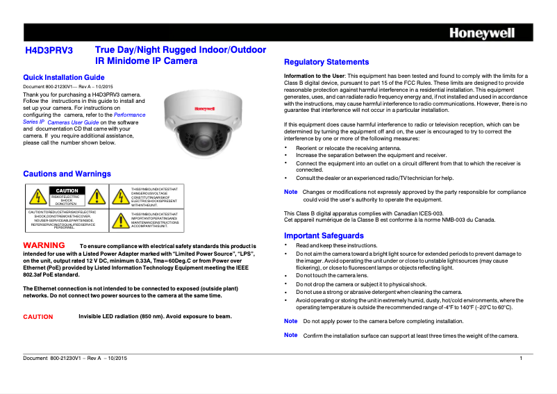 Page 1 de la notice Manuel utilisateur Honeywell H4D3PRV3