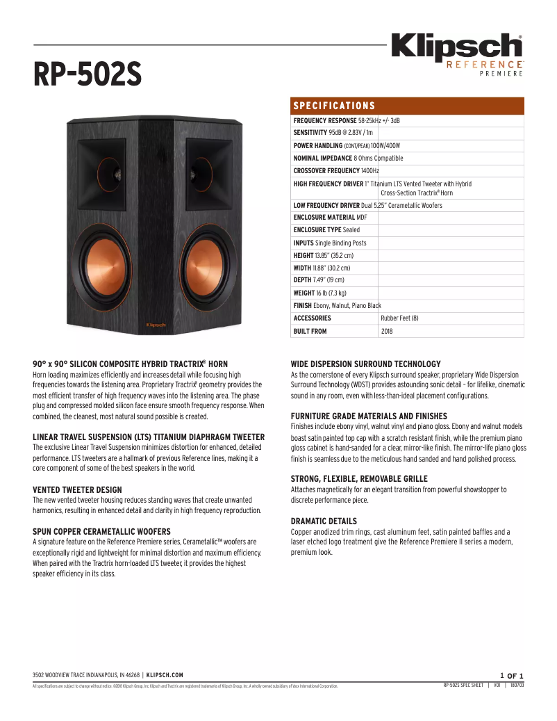 Page 1 de la notice Fiche technique Klipsch Reference Premiere RP-402S