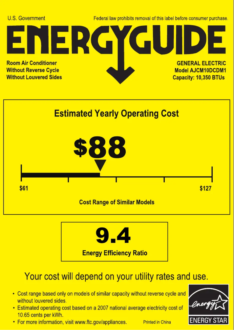 Página 1 del manual Etiqueta energética GE AJCM10DCD
